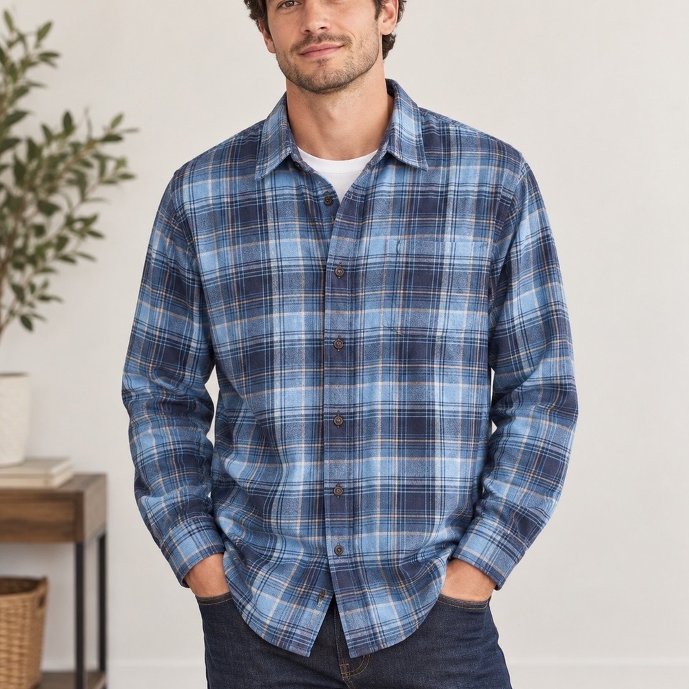 GH Bass & Co Mens XL Blue Plaid Flannel Button Down Shirt Long Sleeve Cotton